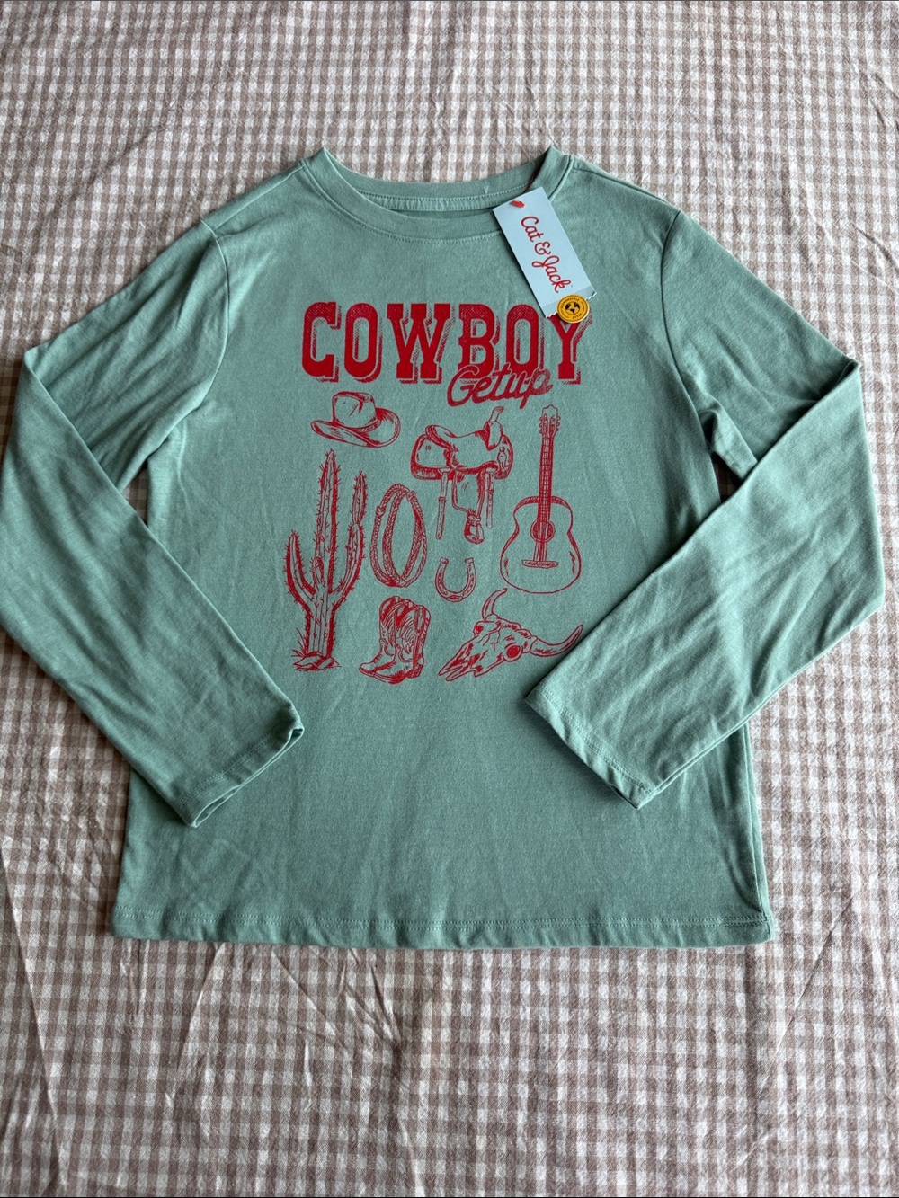 Cat & Jack Mint Green Long-Sleeve Tee with Red Cowboy Graphics